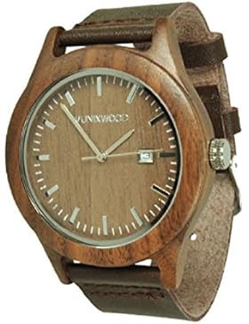 Munixwood Herren Damen Holz-Armbanduhr aus Walnussholz Holzuhr Braun Silber Analog Quarz Lederarmband Datum