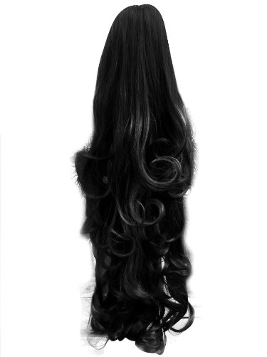22" PONYTAIL Clip in Hair Extensions FALLING CURLS Black #1b REVERSIBLE Claw Clip