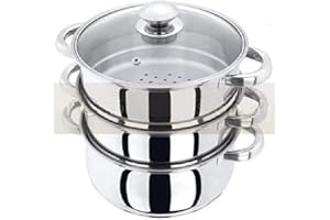 ELITO HOME & GARDEN New 3 Tier Stainless Steel Kitchen Steamer Cooker Veg Food Pan Pot Glass Lid Set (24CM 3 Tier Steamer)