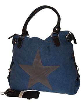 angesagte, topaktuelle Tasche, Umhängetasche,Shopper blau mit Stern,Canvas - Leder -Mix