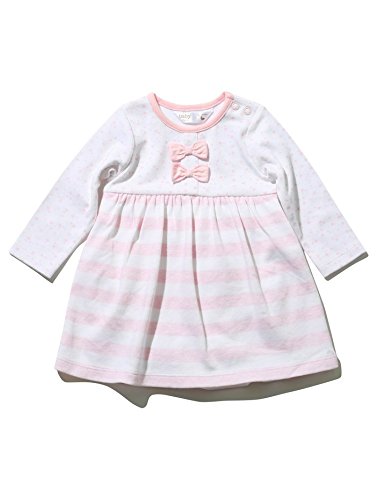 M&Co Baby Girl Long Sleeve Stripe Print Bow Front Pink Trim Day Dress With Integral Bodysuit White Newborn