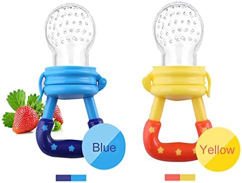Baby Silicone Teething Toy-Fresh Fruit Food Feeder Soother with Handgrip Baby Food Bag Baby Teether with Nipple Food Infant Feeding Toys with Teat-Pacifier for Boys and Girls-2 PCS (Blue,Yellow)