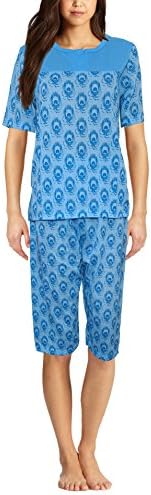 Lucky Women's Floral Print 3/4 Bottoms Pyjama Set With Lilac Eye Mask (M) Blue