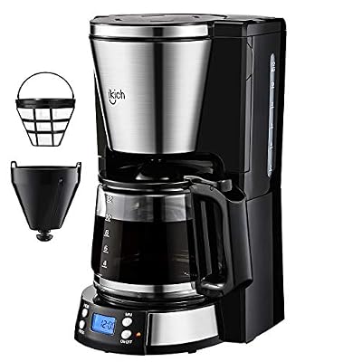 IKICH Cafetière à Filtre, Cafetière Electriques Programmable à 12 Tasse, Machine à Café avec LCD Écran, Isolation et Filtre à Café Permanent, Anti-Gouttes, Arrêt Automatique, 900W (Noir)