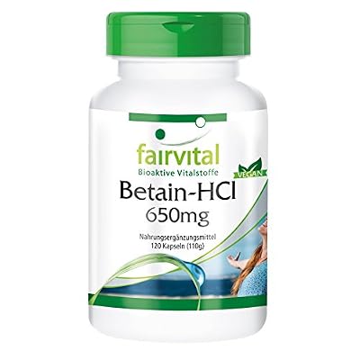 fairvital Bétaïne HCL 650mg, végan, 120 gélules - réduit l'homocystéine et soutient la digestion, protège les vaisseaux sanguins, les nerfs et le foie, pour un bien-être mental