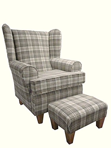 Latte Tartan Fabric Queen Anne With a Deep Base design And A Matching Footstool...wing back fireside high back chair. Ideal bedroom or living room furniture
