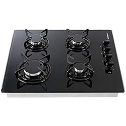 Arebos Table de Cuisson Gaz 4x Brûleurs/Vitrocéramique/Convient au gaz naturel