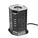 Price comparison product image SAFEMORE 8 Gang Switched Extension Leads with 4 USB Charge Ports Power Strip 8 Way Multi Outlets Tower 2m Power Cable Cord Surge Protection Overload Protected 2500W - Black + Black