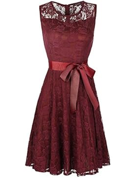 NALATI Damen Sommerkleid Knielang Elegant Spitzenkleid mit Gürtel Ärmellos Brautjungfern Kleid Swing Partykleid