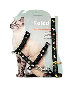 Petlicious & More (New - Printed, Black) Cat Adjustable Nylon Harness Strap Collar with Leash Set Small Pet Walking
