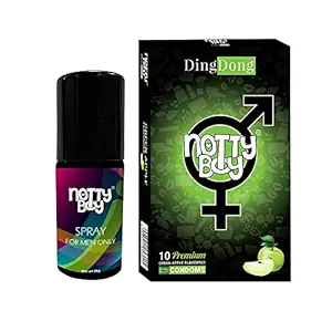 NOTTY BOY Green Apple Flavour Condom Pack of 10 with Non transferable spray 20gm