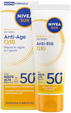 NIVEA SUN Anti-Age Q10 SPF 50+ 40 ml, Crema solare viso antirughe contro il fotoinvecchiamento, Crema viso SPF 50+ con Collagene e Coenzima Q10, Protezione solare ultra leggera, Non comedogena