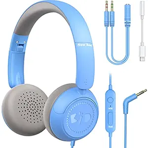 Kids Headphones for School with microphone New bee HD Stereo Safe Volume Limited 85dB/94dB Foldable Lightweight On-ear Headphone for Boys/PC/Mac/Android/Kindle/Tablet/Pad (Blue, Include USB-c Adapter