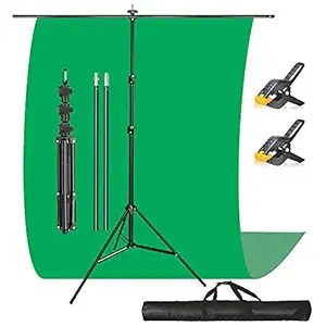 Boltove 6x10 ft Green Screen T-Shape Background Kit - 6x9FT Photography Backdrop with 1PC 6.5FT x 9FT T-Shape Backdrop Stands, 2PCs Spring Clamps, 1PCs Carry Bag