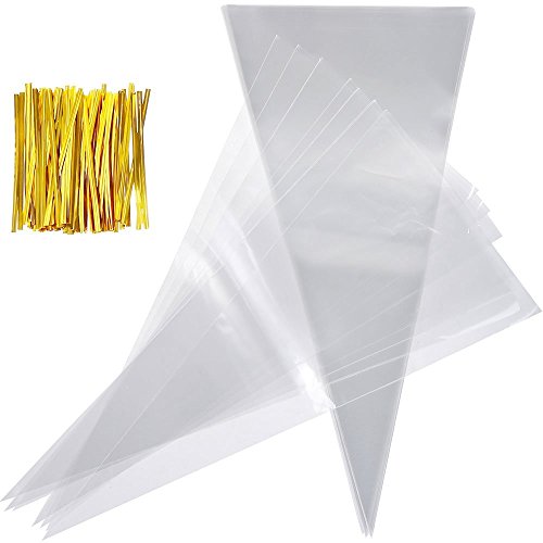 100pcs cone bags for sweets clear cellophane bags and ties for party christmas and festivals