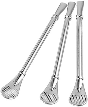 SLZZ Reusable Stainless Steel Filter Spoon Straw - Yerba Mate Tea Cocktail Drinking Straws, Bombillas Coffee Straws with Cleaning Brush - 3 Pack Silver