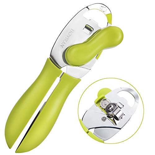 Can Opener Manual Smooth 4-In-1 Multi-Function Stainless Steel for Removing Stubborn Covers, Caps, and Bottles - Designed for Weak Hands, Seniors, Arthritis, With Ergonomic No-slip Rubber Handle