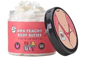 Mallows Beauty AHA Peachy Shea Body Butter, with Essential Oils, Vitamin A,Vitamin E, and Shea Butter, Gently Exfoliates and Brightens Skin, Vegan, 180g