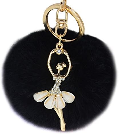 Dancing Angel Keychain Cute Lucky Charm Pompom Key Ring Fur Ball with RhineStone Perfect Gifts By HomeAdorable UK SELLER FAST DELIVERY (Black)
