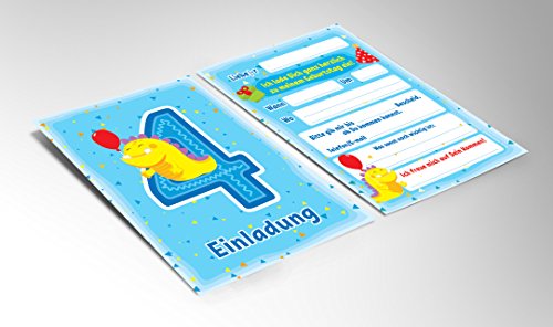 12 Einladungskarten zum 4. Kindergeburtstag blau / schöne Einladungen zum Geburtstag für Mädchen und Jungen „lustige Monster“ - 4