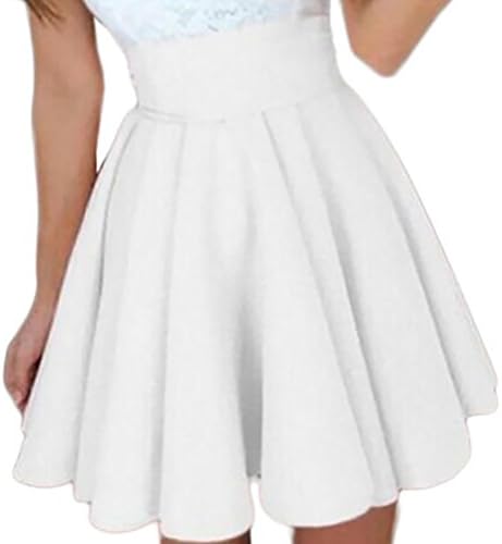 WITION Women's Elastic Waist A Line Flared Skater Pleated Midi Skirt (White, M)