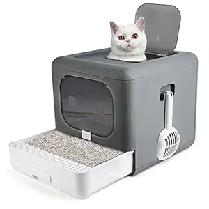 Large Foldable Cat Litter Box with Lid, Closed Cat Litter Boxes with Plastic Scoop, Drawer Type Top Entry Anti-Splashing Cat Potty, Covered Leak Proof Kitty Toilet Litter Pan? (Dark Grey)
