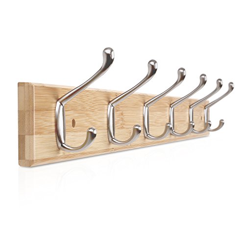 HOMFA Hakenleiste Garderobeleiste Bambus Wandgarderobe mit 6 Doppehaken Kleiderhaken Mehrzweckhaken Handtuchhalter aus Bambus Wandhandtuchhalter Badregal - 4