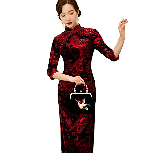 WCOCOW Cheongsam Donna Cinesetradizionale Taglie Forti Retro Manica Lunga Abito Velluto d'oro Vestito Long Stampa Qipao Ballo di Fine Anno Club Partito Sera Occasioni Speciali Rosso,XL