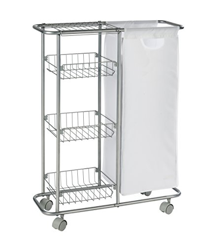 WENKO 12100100 Sammelwagen Slim - 3 Etagen, abnehmbarer Sack, Fassungsvermögen 28 L, pulverbeschichtetes Metall, 20 x 58 x 80 cm, Grau