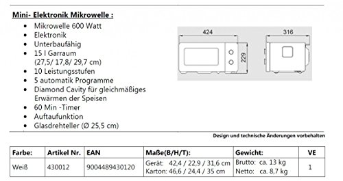 bkitchen Unterbau-Mini-Mikrowelle 600 W, Elektronik, 15l, weiß, mini 200 w - 2