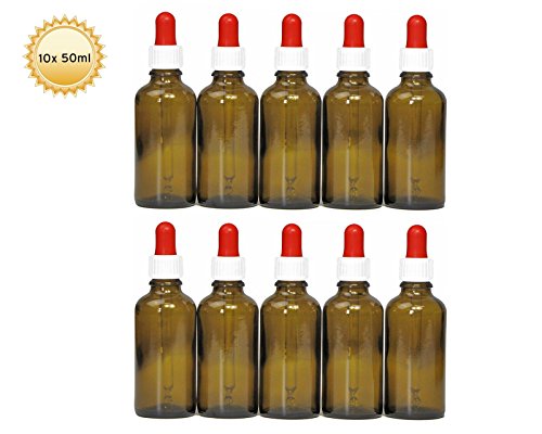 10 x 50 ml Pipettenflaschen (Braunglas) mit Glaspipette, Braunglasflaschen mit Dosierpipette bzw. Tropfpipette zur Dosierung von Flüssigkeiten, z.B. Augentropfen, inkl. 10 Beschriftungsetiketten