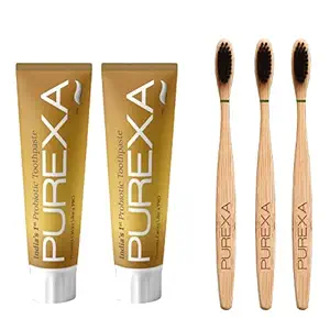 PUREXA Two Anticavity Probiotic Toothpaste Prevents Cavity Like a Pro, Three Bamboo Charcoal Toothbrush, Soft brush With Charcoal Infused soft bristles for Teeth Whitening, antibacterial and biodegradable For Adult and Kids, Eco-Friendly