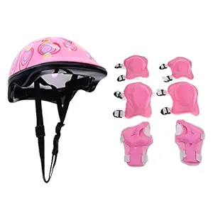 7 Pieces Kids Child Multi-Sport Helmet with Knee Pads Elbow Wrist Protection Set for Skateboard Cycling Skate Scooter - Pink