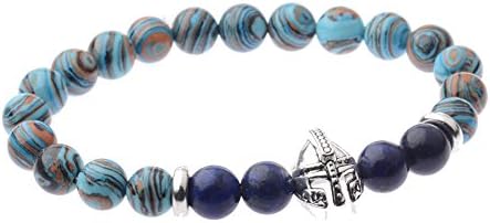 Men Black Lava Stone Gold Silver Spartan Helmet Bracelet Beaded Charm Bracelet (Printed Blue)