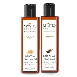 Mystiq Living Originals Combo - Extra Virgin Sesame & Onion Black Seed (Kalonji) Oil| Cold Pressed | 100% Pure - Hair & Skin Care l Natural -(Pack Of 2) 400 ML