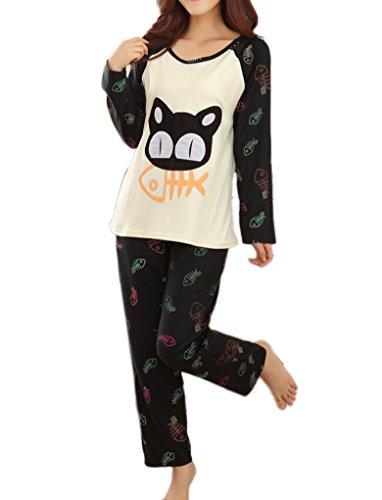 VENTELAN Women's Cat Eat Fish Novelty Cute Autumn Casual Buttom Pyjamas Set