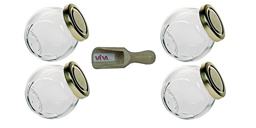 Viva Haushaltswaren #34118# 4 Gewürzgläser 192ml / Glasdosen mit Schraubverschluss inklusive einer Holzschaufel, Glas, gold / transparent, 8 x 5.9 x 8.1 cm