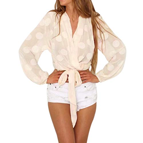 VECDY Women's Tops, Women V-Neck Dot Crop Tops Casual Long Sleeve Party Tie Bow Blouse Sexy Transparent Beach Shirt