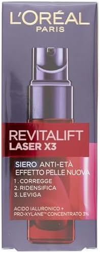 L'Oréal Paris Siero Viso Revitalift Laser X3, Azione Antirughe Anti-Età con Acido Ialuronico e Pro-Xylane, 30 ml, l'imballaggio può variare