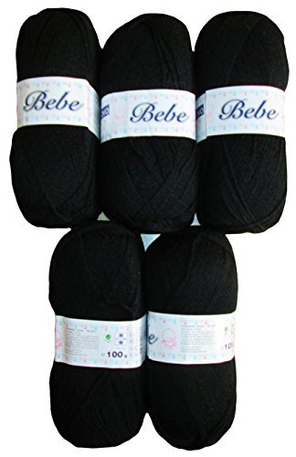 5 x 100g bravo Bebe Acryl Wolle zum stricken, häkeln und basteln, Farbe schwarz