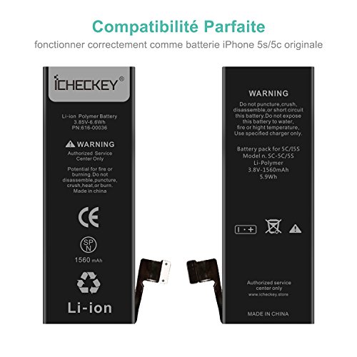 ICHECKEY Batterie pour iphone 5s 5c de Lithium-ION en Set Batterie Rechargeable Haut capacit   Kit d outils Compatible Avez iPhone 5s 5c Outils  Manue