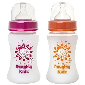 NAUGHTY KIDZ Premium Natural Wide Neck Feeding BOTTLE-250ML+250ML-COMBO of 2 BOOTLES (PINK-250ML+ORANGE-250ML)