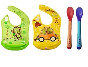 Honey Shopee 2 Piece Waterproof Silicone Washable Crumb Catcher Baby Feeding Eating Bib with Silicone Tip Heat Sensitive Soft Spoon Pack of 2 (Color and Print May Vary)
