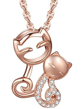 Yumilok Silber/Roségold 925 Sterling Silber Zirkonia Niedliche Doppel Kätzchen Katzen Anhänger Halskette Kette...