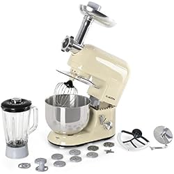 Klarstein Lucia Morena - Robot de cuisine universel, Mélangeur, Pétrin, 1200 W, 5 L, agitation planétaire, Hachoir à viande, Accessoires pâtes, bol mixeur 1,5 l, 6 vitesses, blanc crème