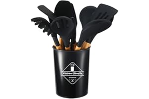 FUYTERY 11 Utensilios de cocina de silicona para cocina Juego de cucharas y palas de acero inoxidable resistente al calor (Negro)