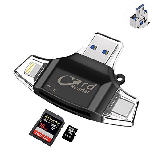 Sonoka Lector Tarjetas de Memoria - Auelek 4 en 1 Adaptador Tarjetas USB 2.0 / Lightning/Micro USB/Tipo C Conector, Lector Tarjetas Micro SD y Adaptador OTG para iPhone, iPad, MacBook y Phone Andriod