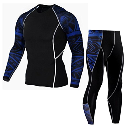 Zarup♥♥♥Hombre Entrenamiento Leggings Fitness Sports Gym Running Yoga Athletic Pantalones + Traje de camisa (L, Azul)