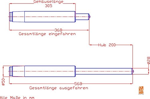 Gasfedersäule, Hocker/Bürohocker-Gasfeder, mit Tiefenfederung, Länge 305mm, Hubbereich ca. 368 – 568 mm, Hub 200 mm, Farbe schwarz - 2