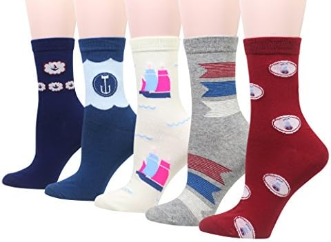 Cansok Women Fun Novelty Dress Crew Socks pack of 5 (Anchor Navy)
